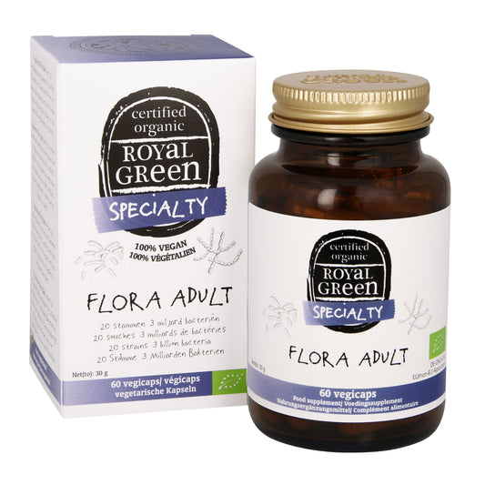Royal Green Flora adult bio vegetarian capsules containing micro-organisms, shown in a clear container with capsules inside.