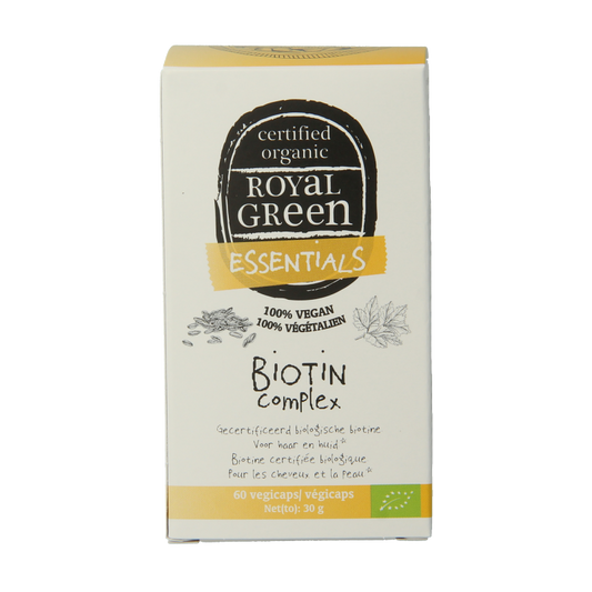 Royal Green Biotine Complex bio vegetarian capsules, 60-count bottle, dietary supplement for healthy hair and skin.