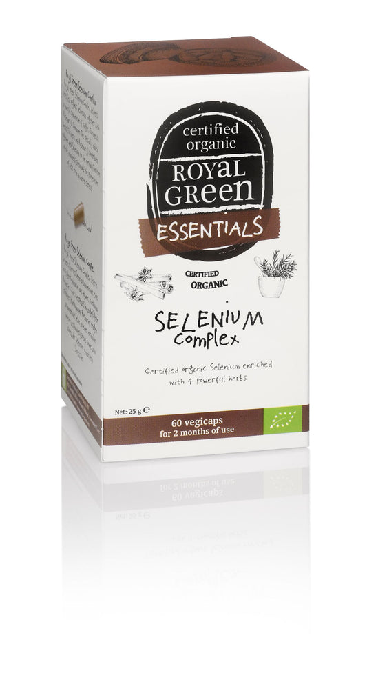 Royal Green Selenium complex bio vegetarian capsules in clear bottle, showing the product label and capsules inside.