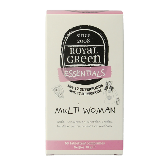 Royal Green Multi Woman vitamin tablets, colorful multi-colored pills in blister pack, dietary supplement for women.