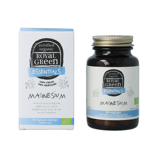Royal Green Magnesium bio vegetarian capsules, mineral supplement, showing green capsule bottles and label details.