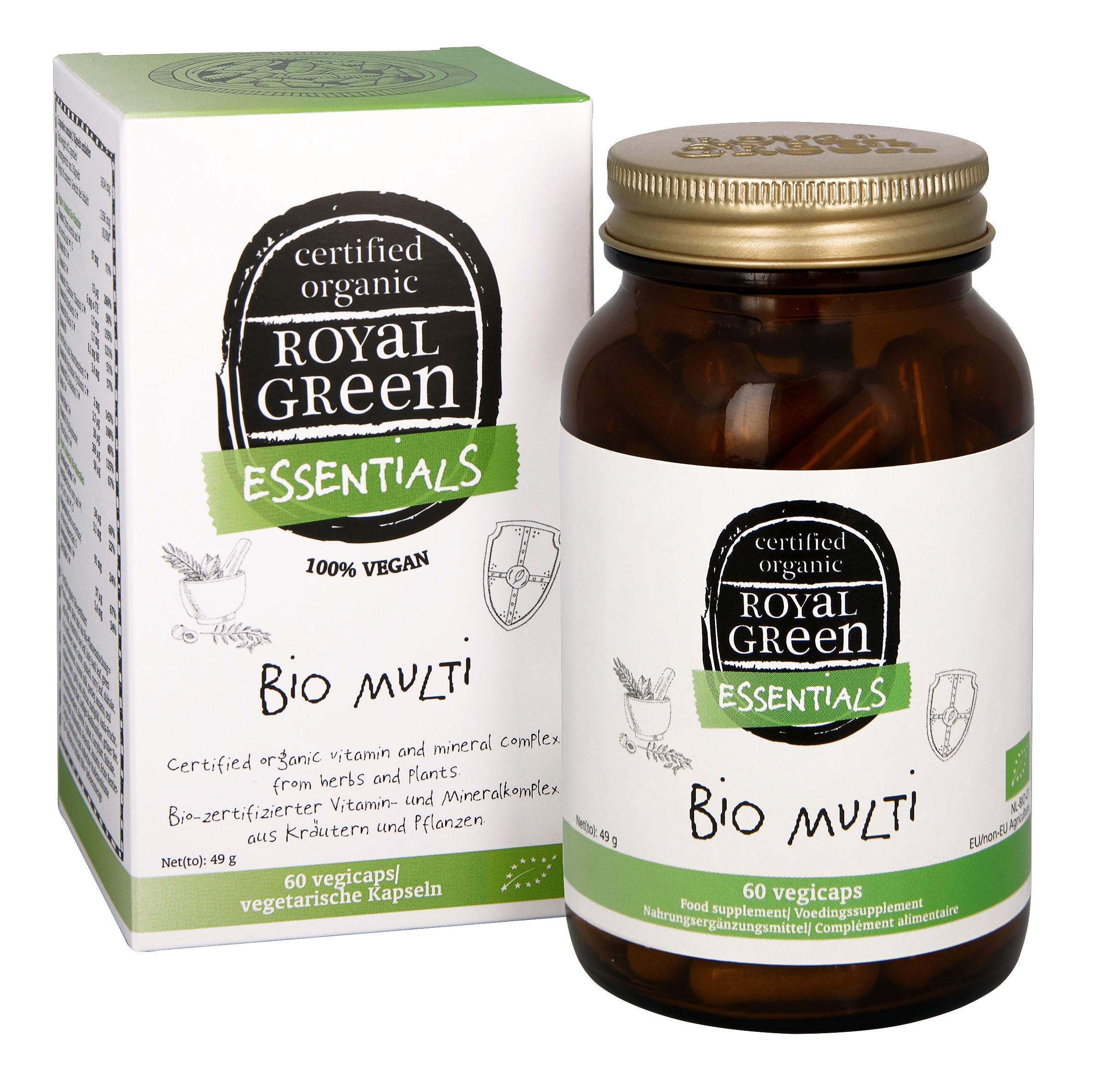 Royal Green Multi Bio vegetarian capsules, colorful multivitamin supplement in a bottle, natural dietary supplement for overall health.