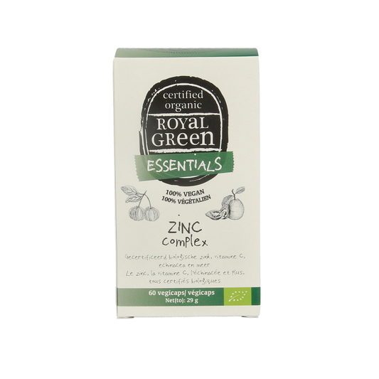 Royal Green Zinc Complex bio vegetarian capsules, mineral supplement with 60 capsules, showing the product packaging.
