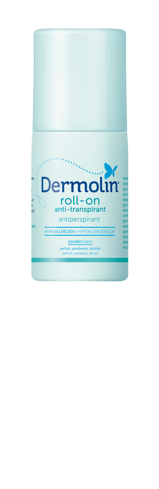 Dermolin anti-transpirant roller deodorant bottle, 50ml, with white cap and clear label showing product details.
