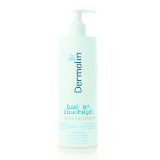 Dermolin CAPB-free bath and shower gel in a 400ml bottle, gentle skin cleanser with a clear liquid appearance.
