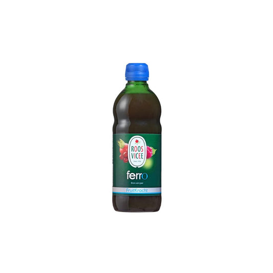 Roosvicee Fruitkracht Ferro 500ml bottle of fruit juice and supplement, colorful label with fruit illustrations, in a clear glass bottle