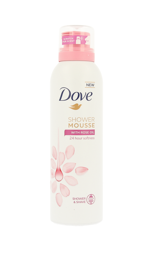 Dove Shower Mousse Rose Oil 200ml, creamy pink foam in a pump bottle, ideal for gentle cleansing and moisturizing skin.