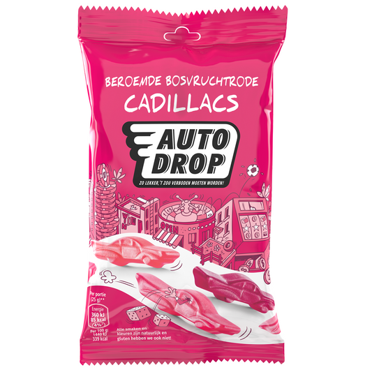 Autodrop Bosvruchtrode Cadillacs snackpack of 85g, colorful berry-flavored candy, in bright packaging with candies inside.