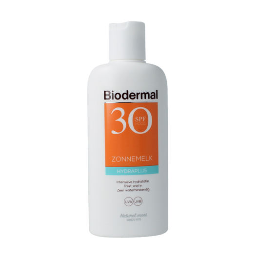 Biodermal Zonnemelk Hydraplus SPF30 sun lotion in 200ml bottle, showing the product packaging and label.