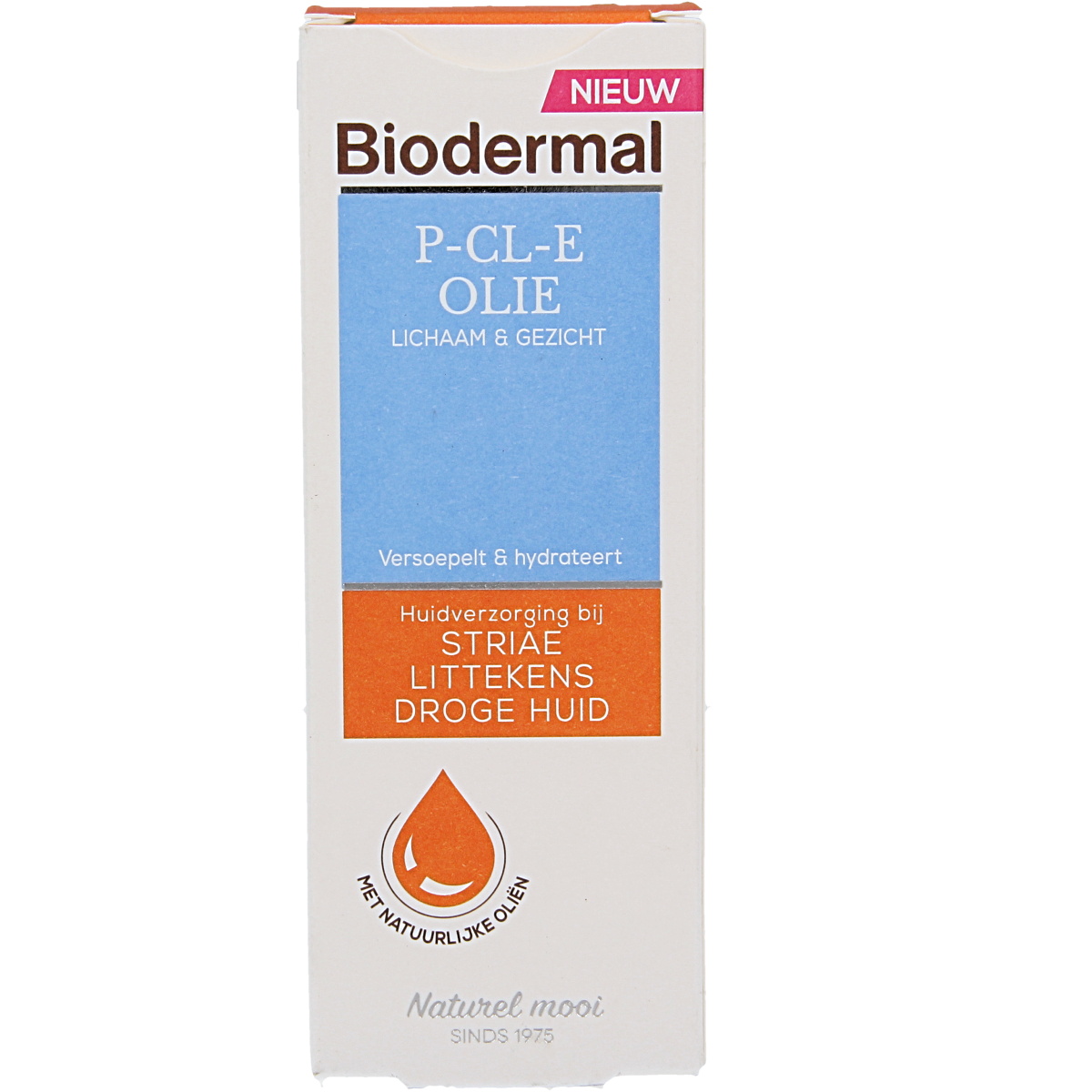 Biodermal P-CL-E olie 75ml for body care, featuring a clear bottle with a white cap, suitable for nourishing skin.