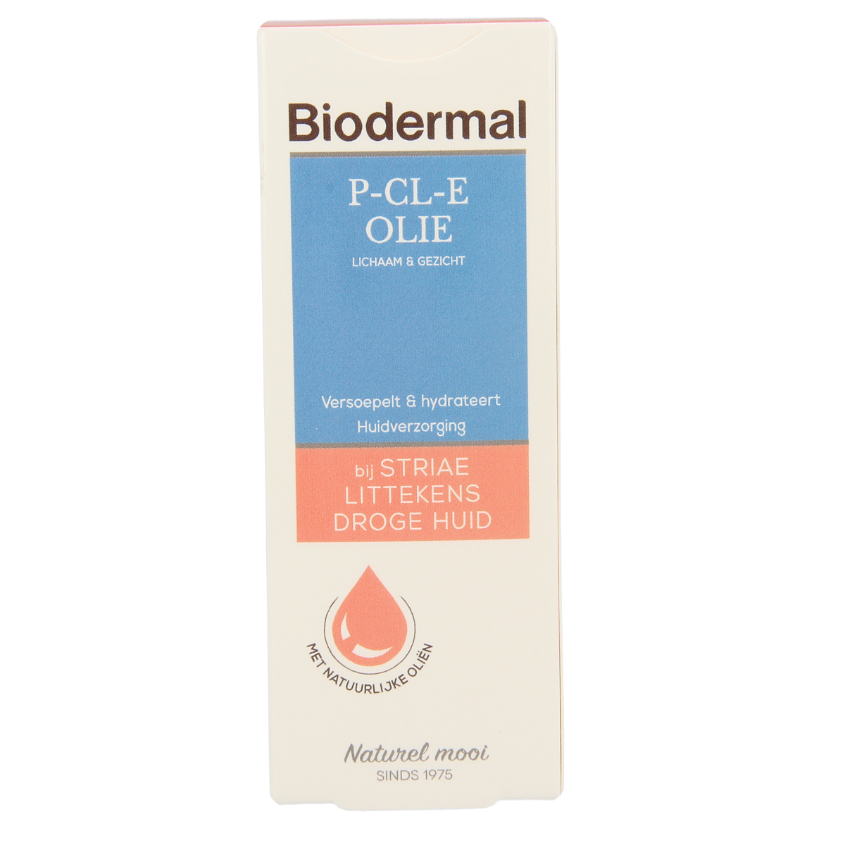 Biodermal P-CL-E lichaamsverzorging olie in 75ml bottle, natural skincare product with a clear liquid in a white and green container
