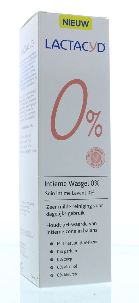 Lactacyd Wasemulsie 0% dameshygiëne product in a 250ml bottle, featuring a white and purple label with the Lactacyd logo.