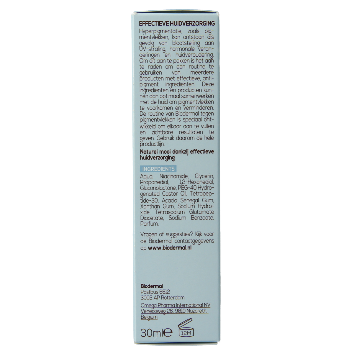 Biodermal Serum Anti-Pigment 30 ml voor gezichtsverzorging, flacon op witte achtergrond