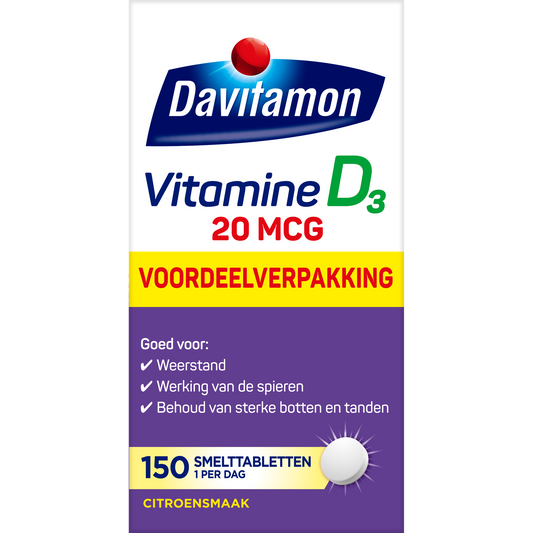 Davitamon Vitamin D3 20mcg 150 chewable tablets, orange-flavored dietary supplement with vitamin D3 for immune support.