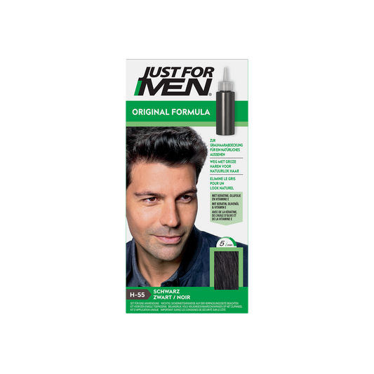 Just For Men Zwart H55 1.00 hair coloring set with applicator, designed for easy at-home hair dyeing.