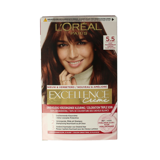 Excellence 5.5 Licht Mahoniebruin hair coloring set featuring natural-looking mahogany brown shades for vibrant hair color.