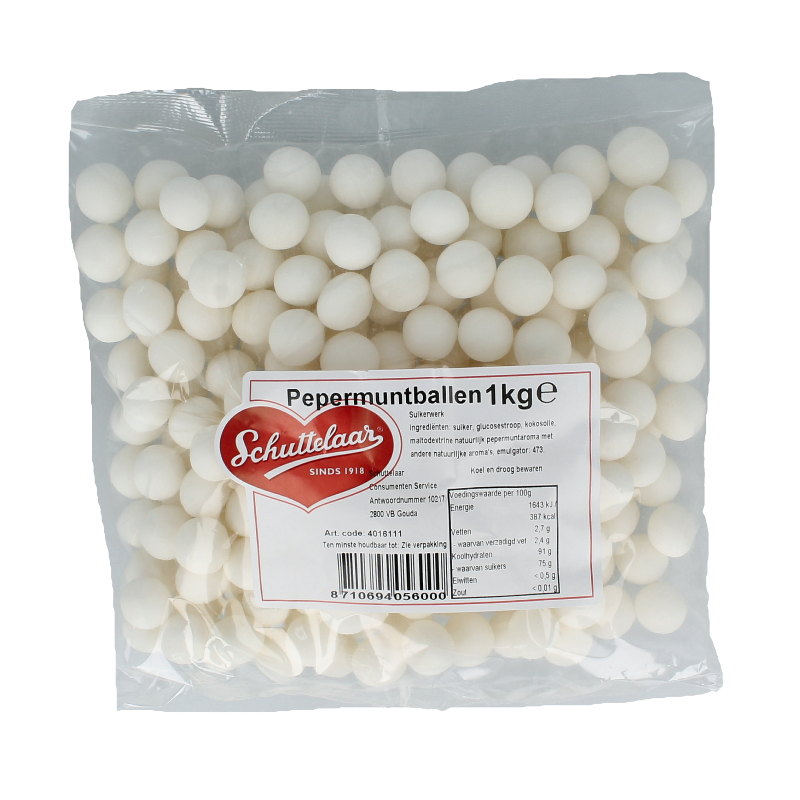 Schuttelaar Pepermuntballen in 1 kg box, green peppermint candies from the Schuttelaar snoepgoed collection.