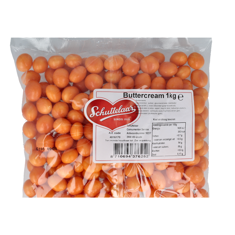 Schuttelaar Gevulde buttercream snoepgoed in 1 kilogram, colorful assorted candies with creamy filling, on a white background.