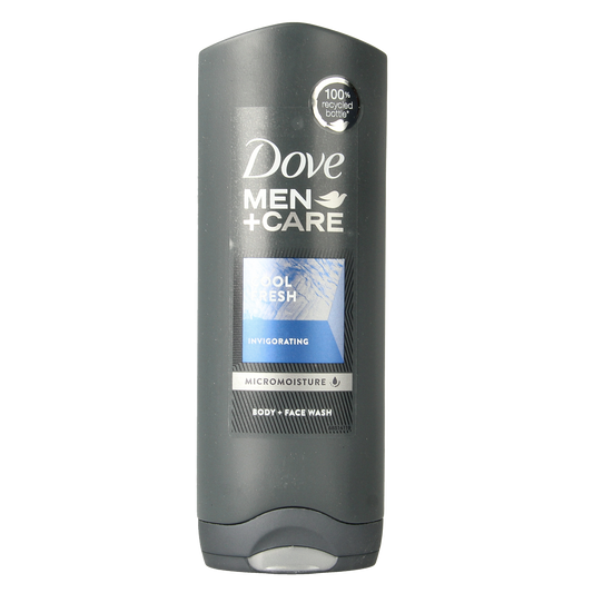 Dove Men+Care Cool Fresh shower gel in 250ml bottle with blue and white packaging; men's body wash and shower product.