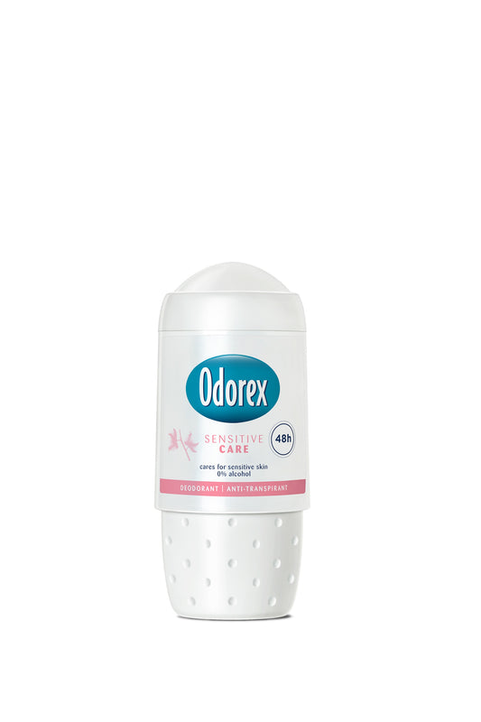 Odorex Body Heat Responsive Roller Deodorant for sensitive skin, 50ml, showing the sleek roller applicator on a white background.