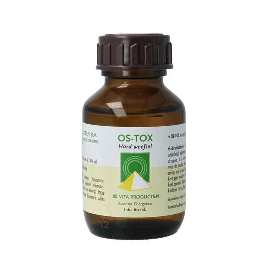 Vita Kruidenpreparaten Vita Os tox 60ml bottle with herbal supplement label and transparent cap on a white background.