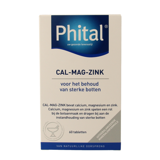 Phital Cal Mag Zink mineral supplement featuring 60 tablets, showcasing the colorful packaging and tablets inside the container.