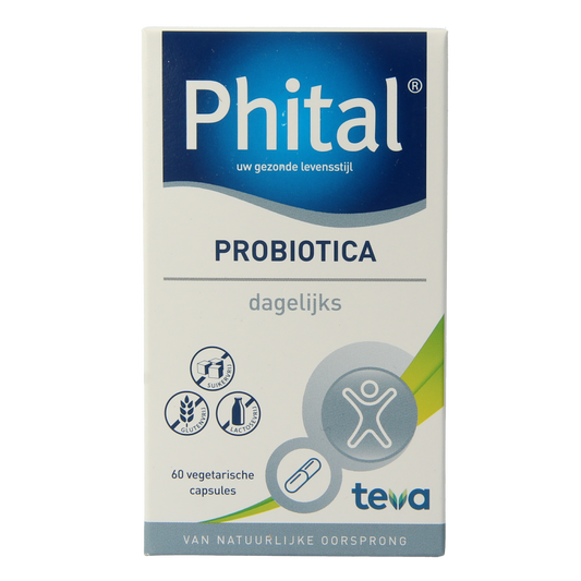 Phital Probiotica dagelijks vegetarische capsules with micro-organismen, showing a bottle of dietary probiotic supplements.