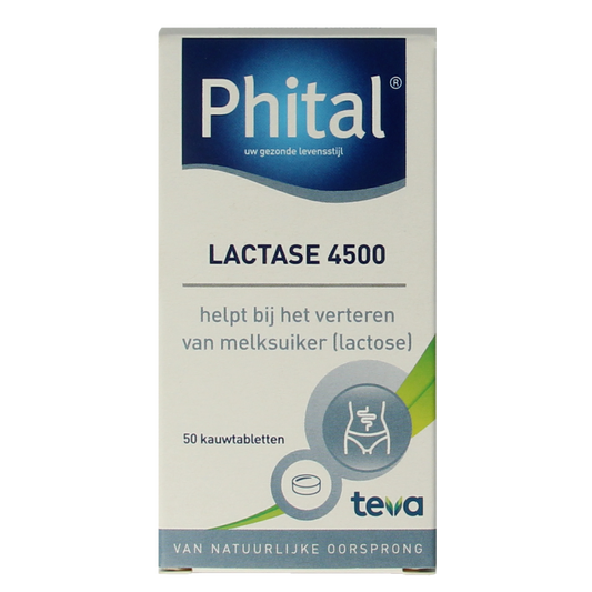 Phital Lactase 4500 chewable tablets, dietary supplement with fibers and enzymes, in a blister pack.