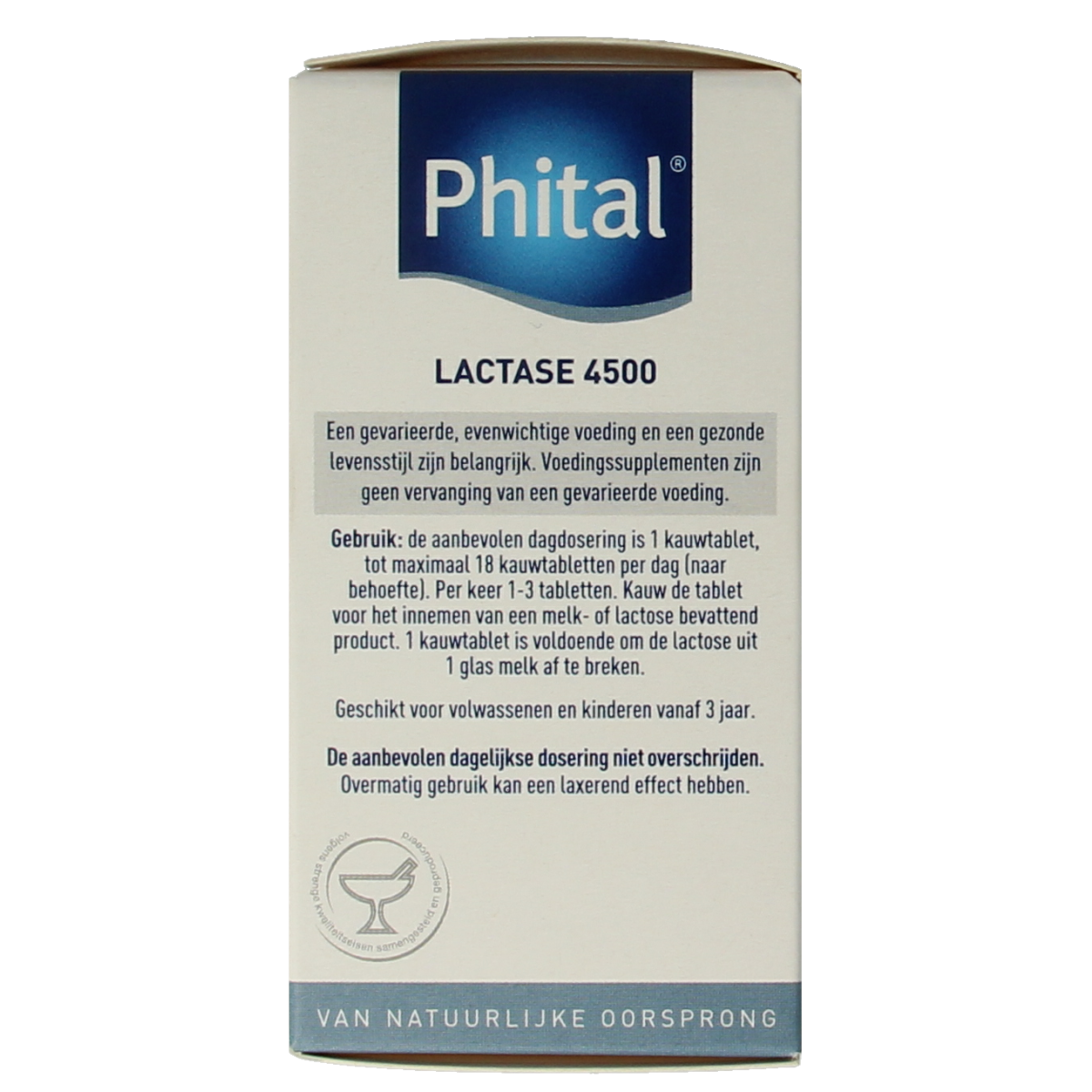 Phital Lactase 4500 chewable tablets, dietary supplement with fibers and enzymes, in blister pack with product details visible.