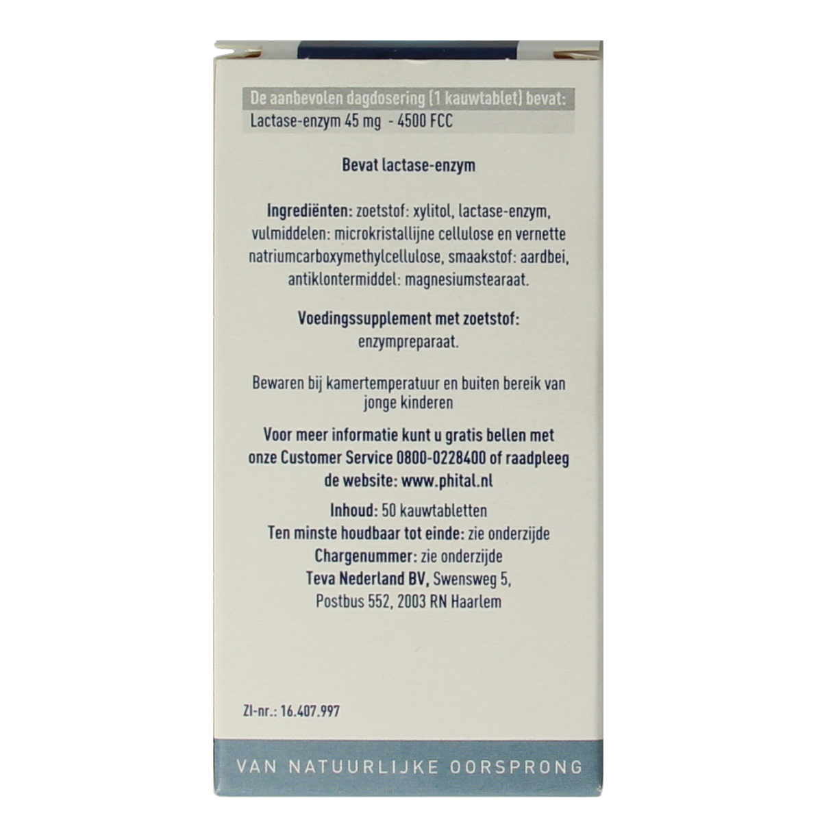 Phital Lactase 4500 chewable tablets, dietary supplement with fibers and enzymes, in blister pack, natural health product