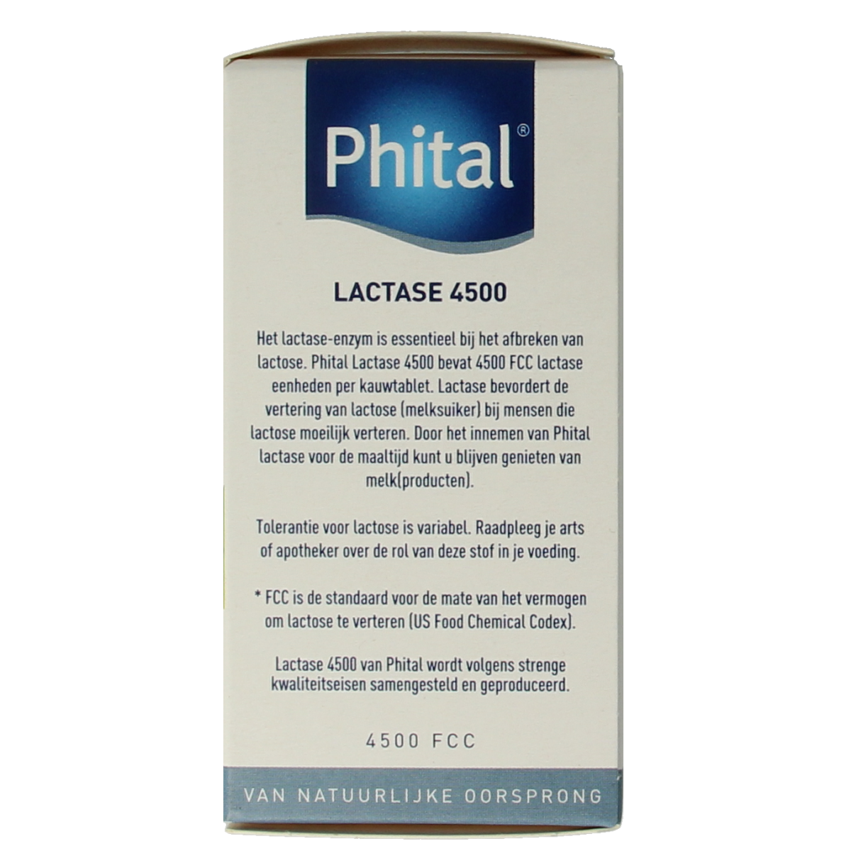 Phital Lactase 4500 chewable tablets, dietary supplement with fibers and enzymes, in a blister pack, brand Phital.