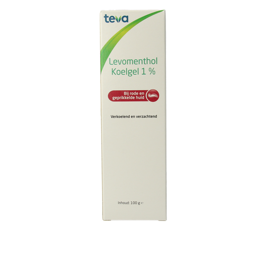 Teva Levomenthol koelgel 1% in 100g container, soothing body care product with menthol for cooling relief.