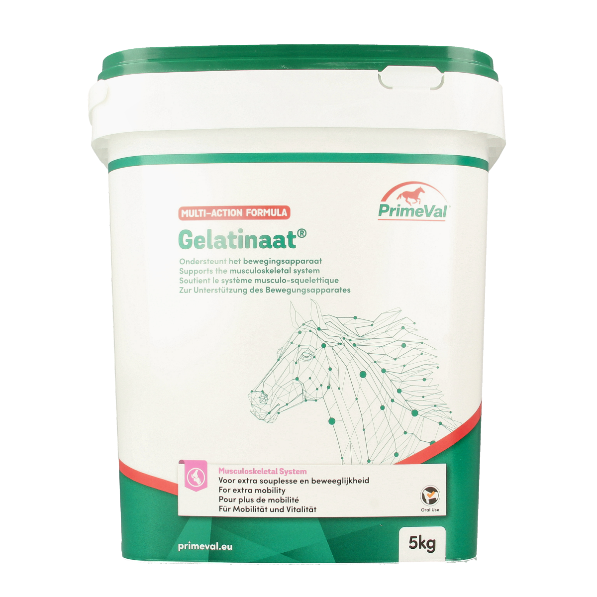 Primeval Gelatinaat paard voedingssupplement in 5kg container, showing the product packaging with branding and label details.