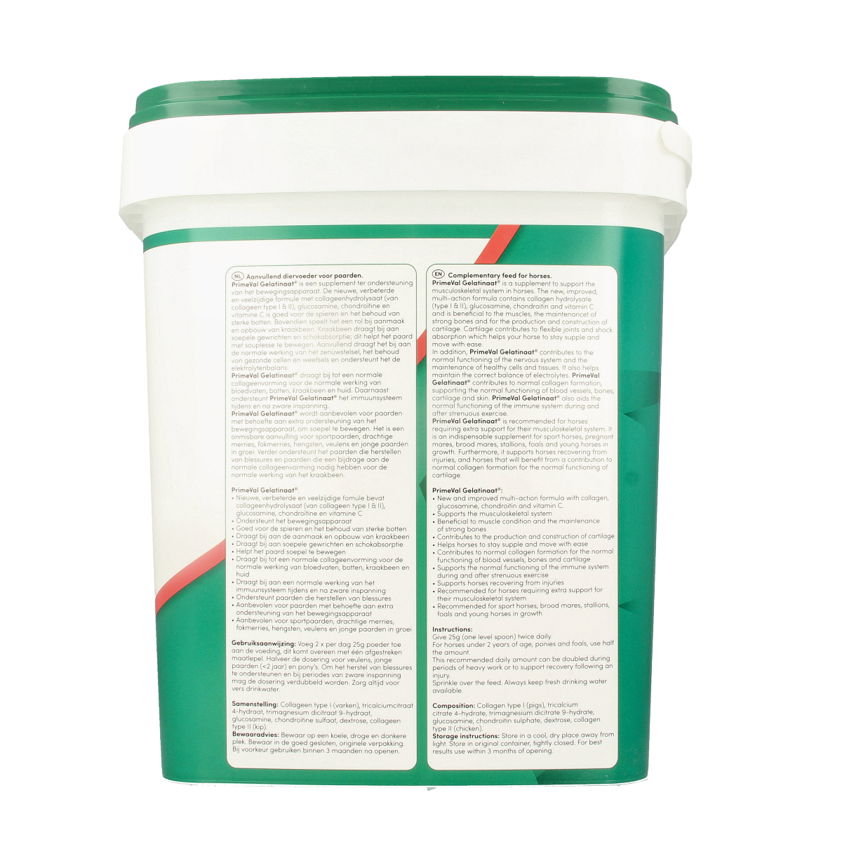 Primeval Gelatinaat paard voedingssupplement in 5kg container, natural supplement for horse joint health and mobility.