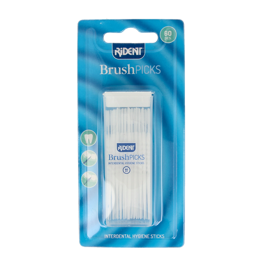 Rident Brushpicks and dental floss picks in a pack of 60, showing wooden sticks with pointed ends for oral hygiene.