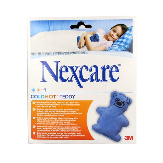 Nexcare Cold Hot Kruik Teddy fleece, 1-piece, soft teddy bear-shaped hot water bottle for soothing warmth and comfort.