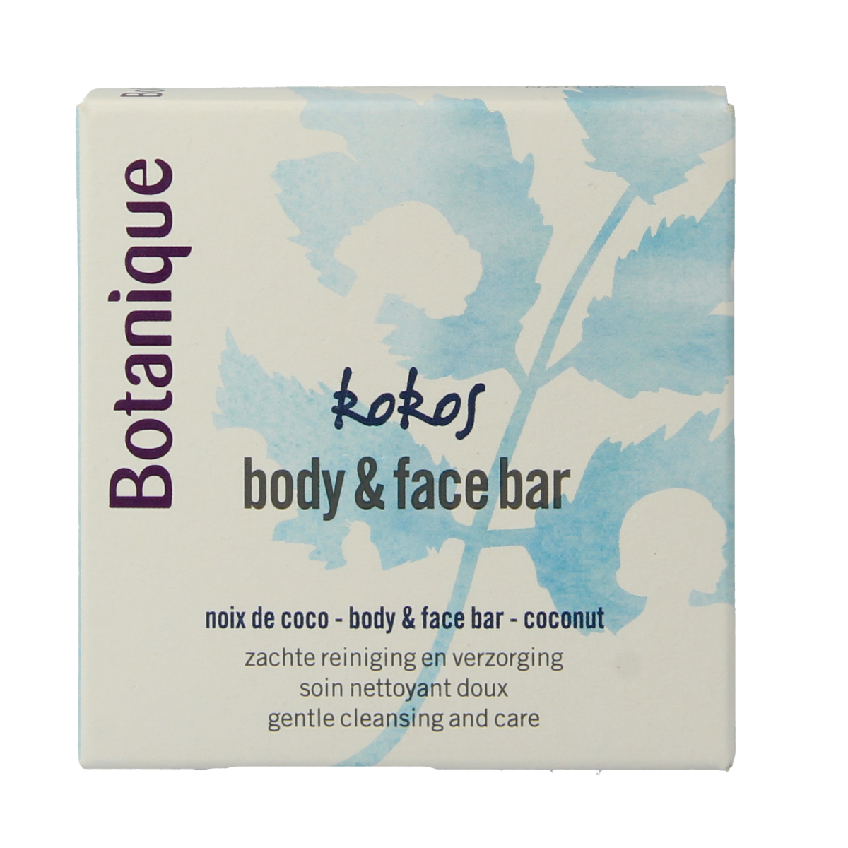 Botanique kokos body and face bar, 100g, natural skincare soap with coconut ingredients, shown with packaging and soap bar