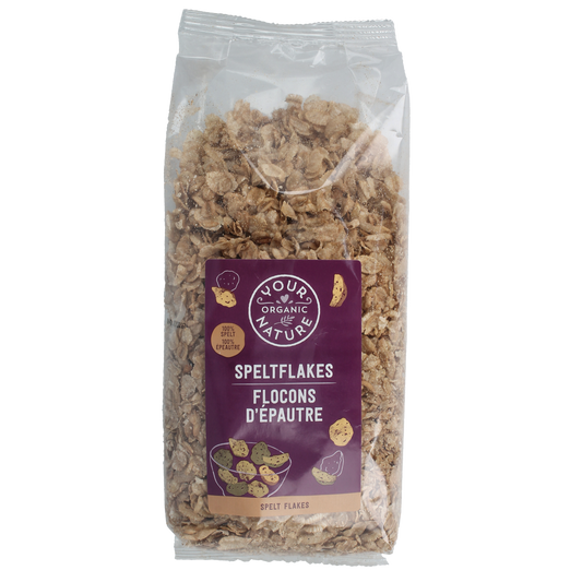 Organic Your Organic Nature Speltflakes in a 250g package, breakfast cereal with whole spelt grains, natural and healthy.