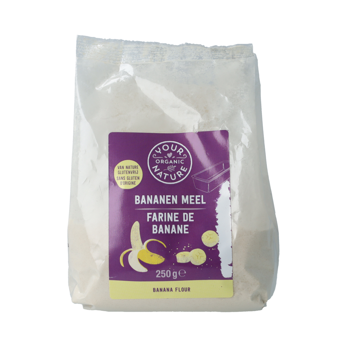 Organic Your Organic Nature banana flour in a 250g package, showing the label and packaging for baking and gluten-free recipes.
