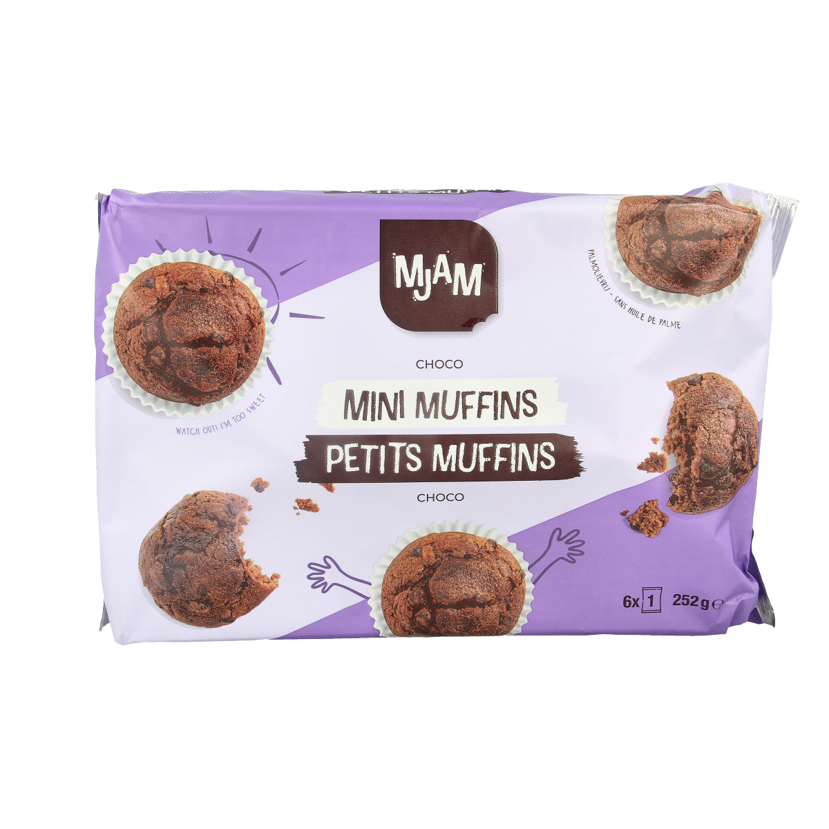Mjam bio chocolade muffins, 252g, shown as fresh baked koeken with chocolate chips in a clear view.