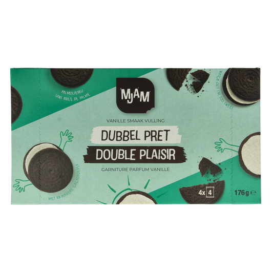 Mjam Dubbelpret bio snack pack, 176 grams, featuring a variety of organic sweet and crunchy snack bites.