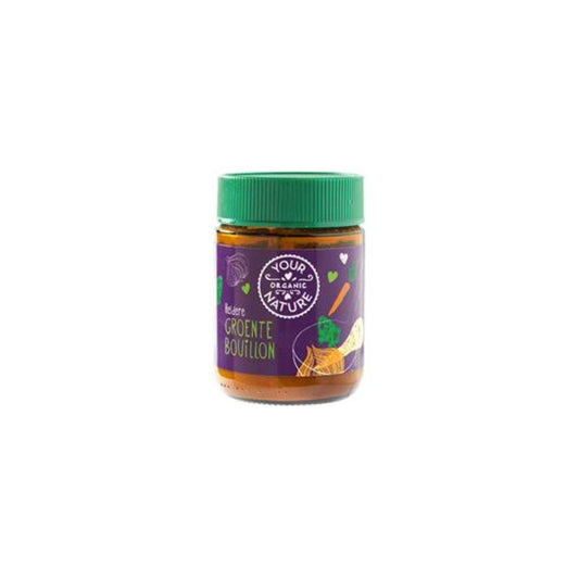 Organic Your Organic Nature vegetable bouillon powder without yeast, 150g, in a clear container with a label and scoop.