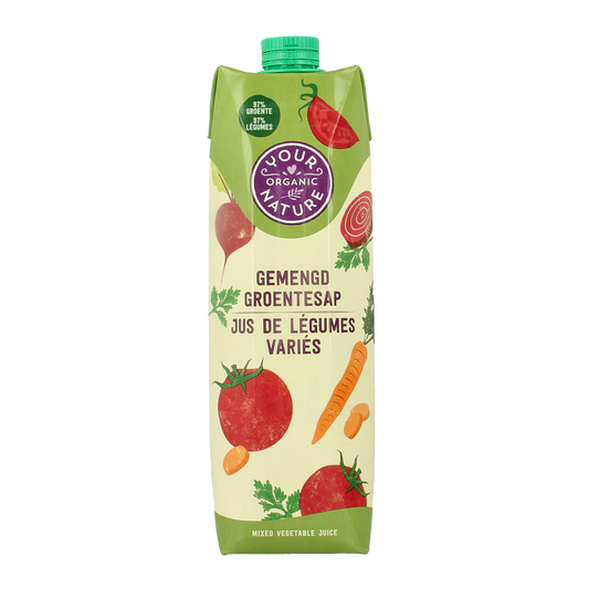 Organic Your Organic Nature mixed vegetable juice in a 1-liter bottle, showcasing fresh, vibrant vegetables and clear packaging.