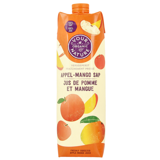 Your Organic Nature organic Appel mango sap in 1-liter bottle, natural fruit juice from apples and mangoes, in a clear plastic container.