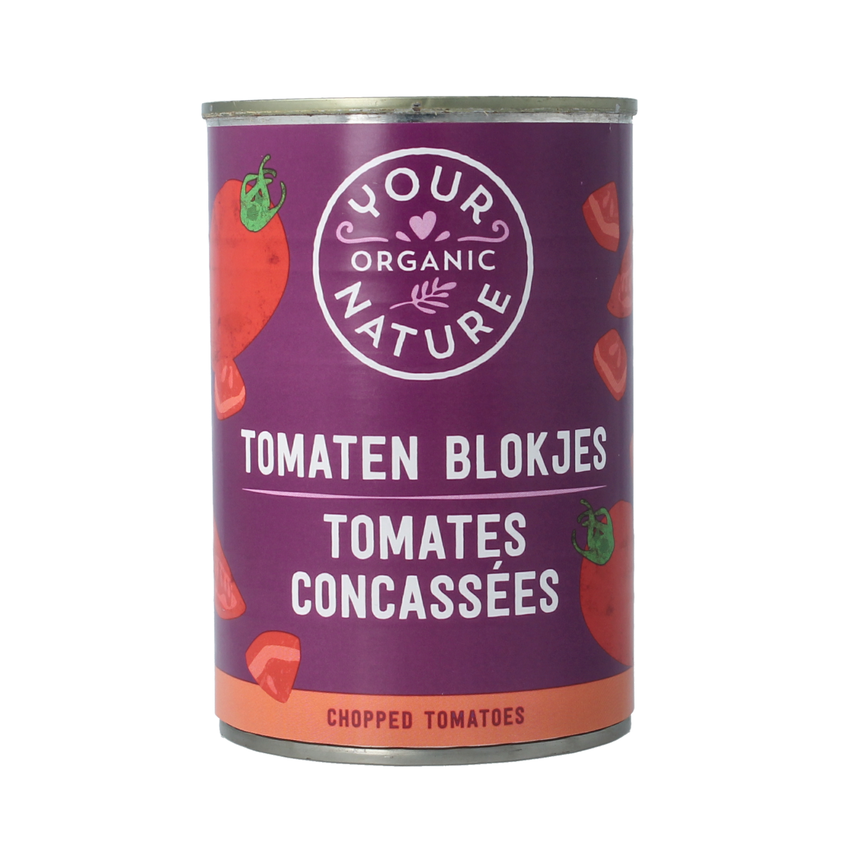 Organic Your Organic Nature Tomatenblokjes in 400g package, fresh chopped tomatoes for cooking and recipes.