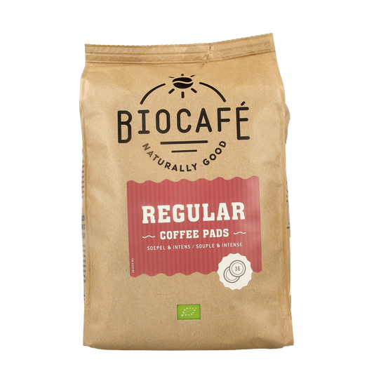 Biocafe organic coffee pads, regular blend, 36-pack, with coffee and tea product labeling visible in the image.