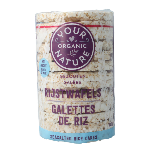 Your Organic Nature salted organic rice cakes in a 100g package, featuring crispy, thin rice wafels with a lightly salted surface.