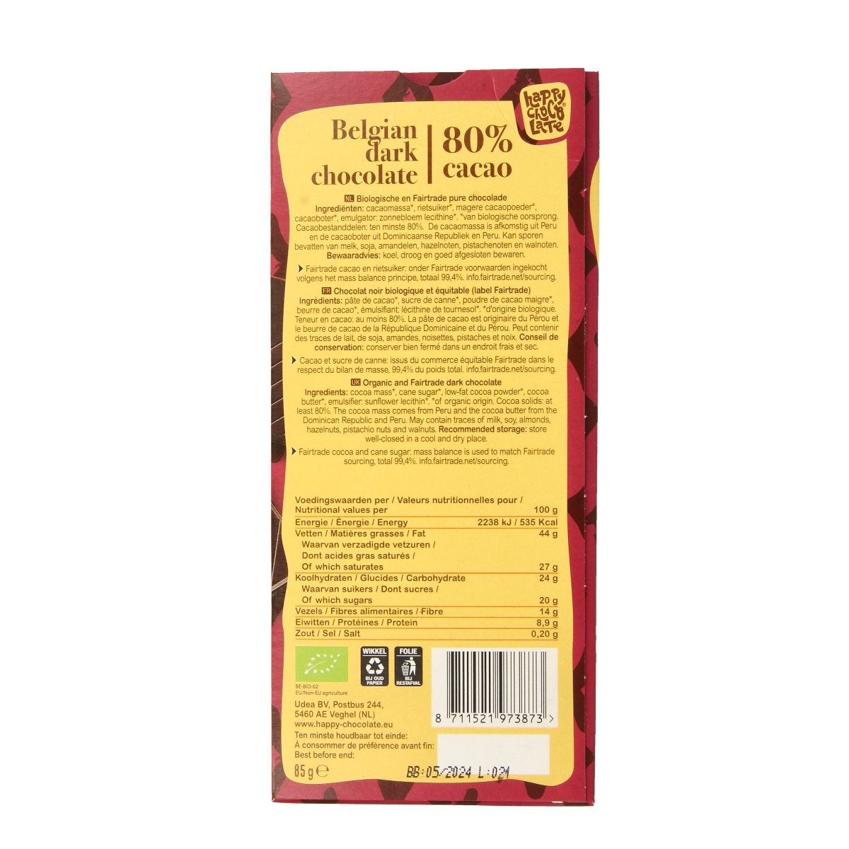 Happy Chocolate Puur 80% bio 85.00 Gram