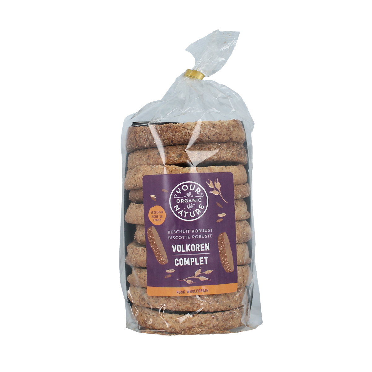 Whole grain organic Beschuit volkoren crackers from Your Organic Nature, shown in a close-up image.