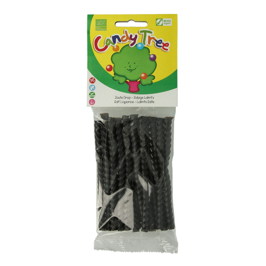 Candy Tree zout glutenvrij bio dropkabel candy, 100g, showing colorful chewy licorice strands in a clear bag.